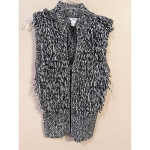 Cache Black White Knit Fringe Vest Sleeveless Turtleneck Zip Front M